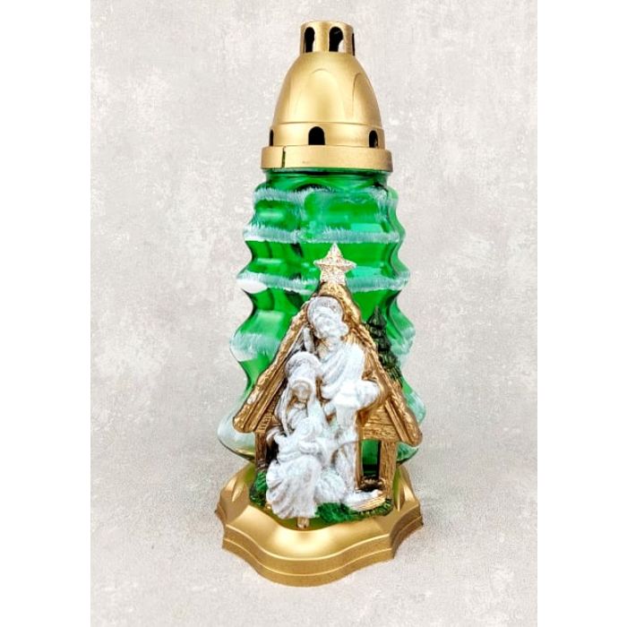 Krippe-Grablaterne-Weihnachtsbaum aus Glas, Grün, Deko und Deckel  Kunststoff-Gold, incl. Kerze